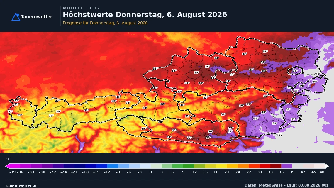Prognosekarte der Höchstwerte in Österreich für Donnerstag, den 6. August 2026.