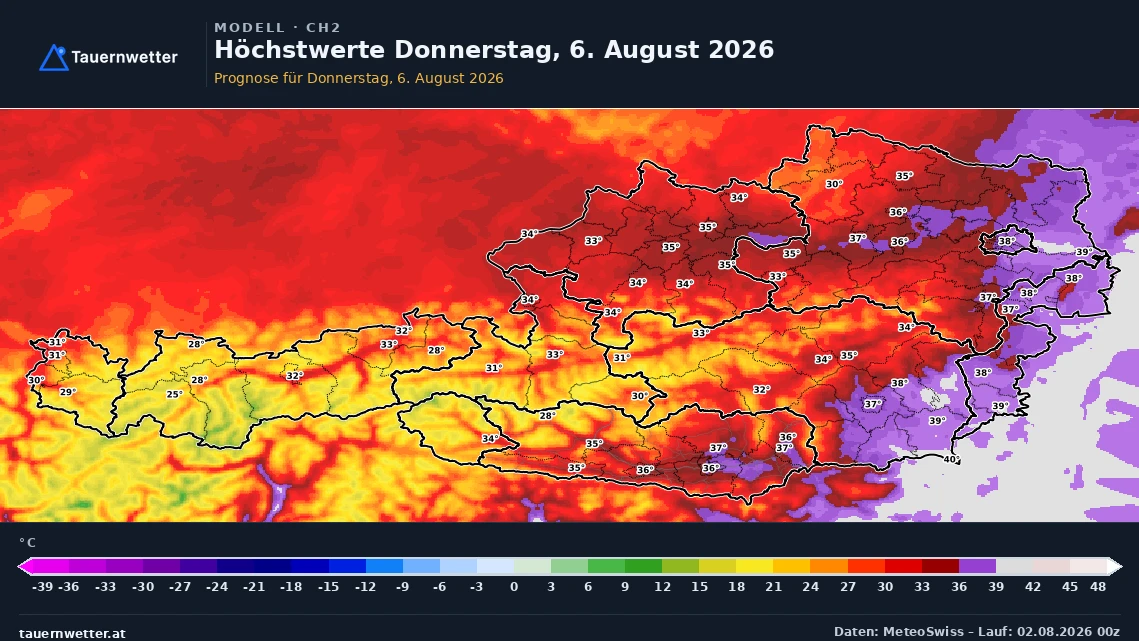 Prognostizierte Höchstwerte in Österreich am Donnerstag, 6. August 2026, überall unter der 40-Grad-Marke.