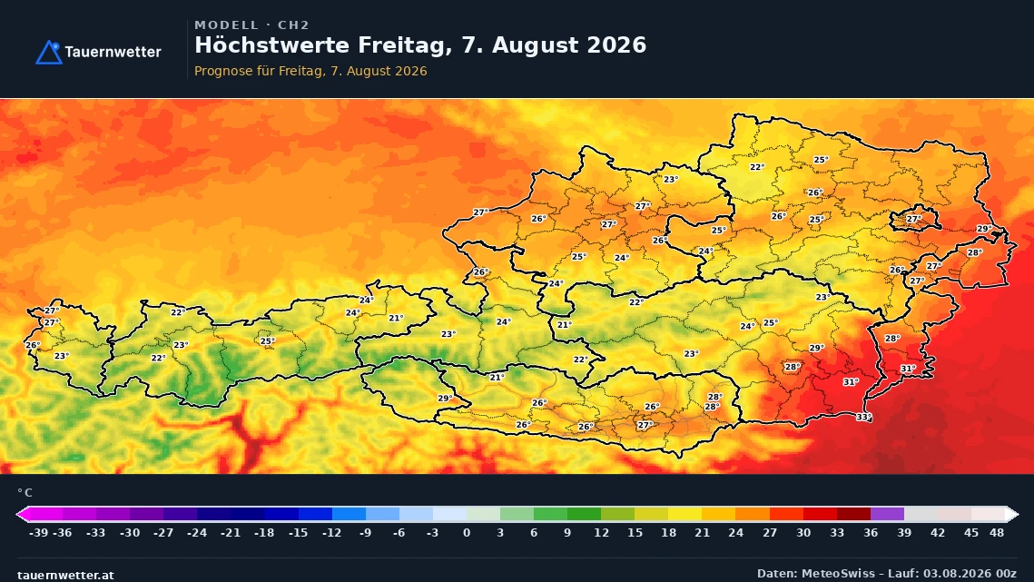 Prognosekarte der Höchstwerte in Österreich für Freitag, den 7. August 2026, mit deutlicher Abkühlung.