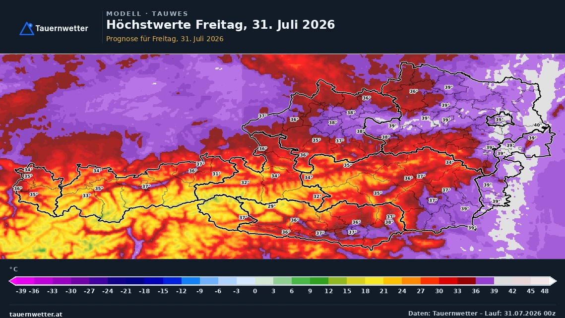 Prognosekarte der Höchstwerte in Österreich für Freitag, den 31. Juli 2026, mit bis zu 40 Grad im östlichen Flachland.