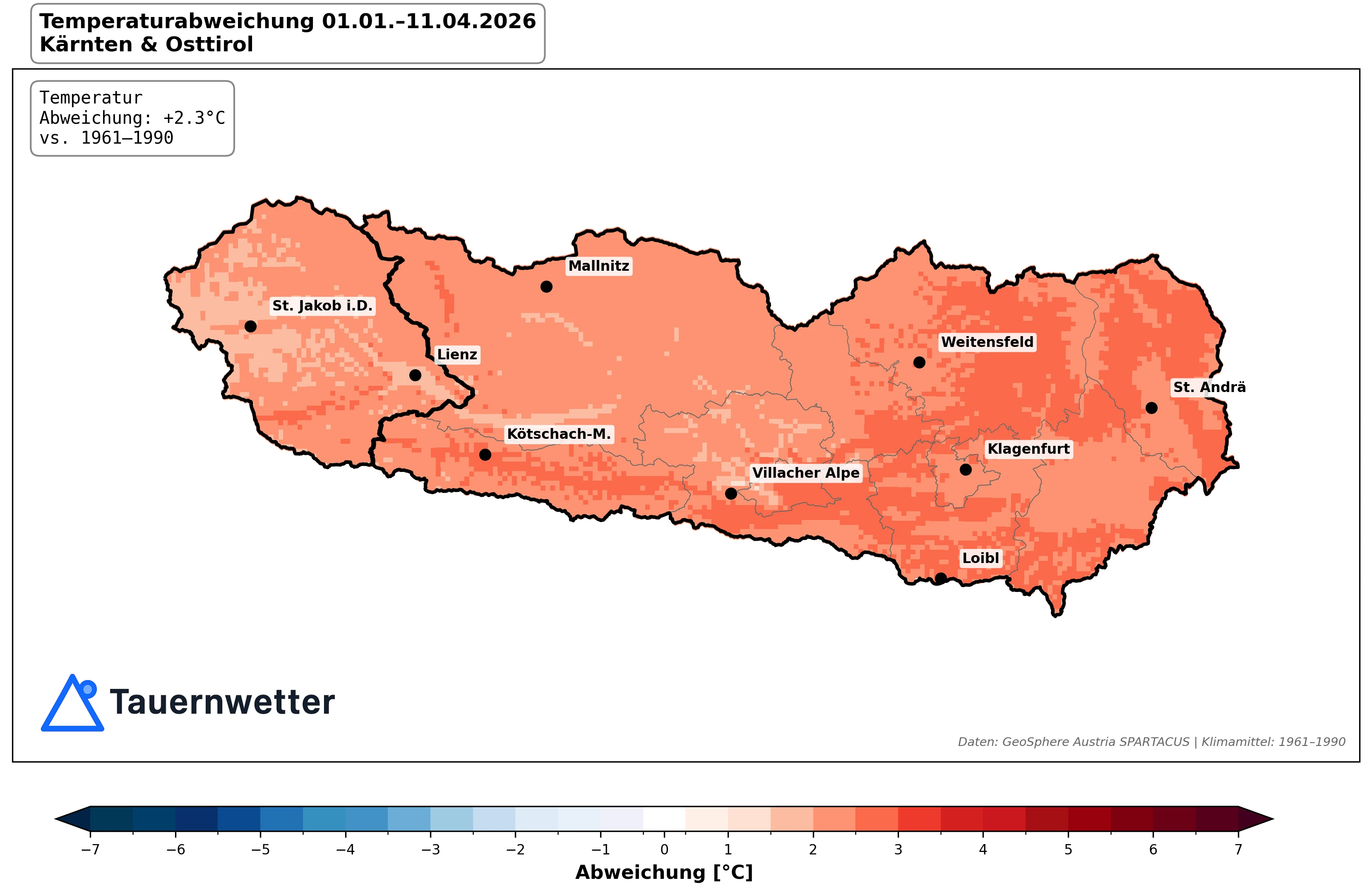 Temperaturabweichung in Kärnten und Osttirol seit Jahresbeginn 2026