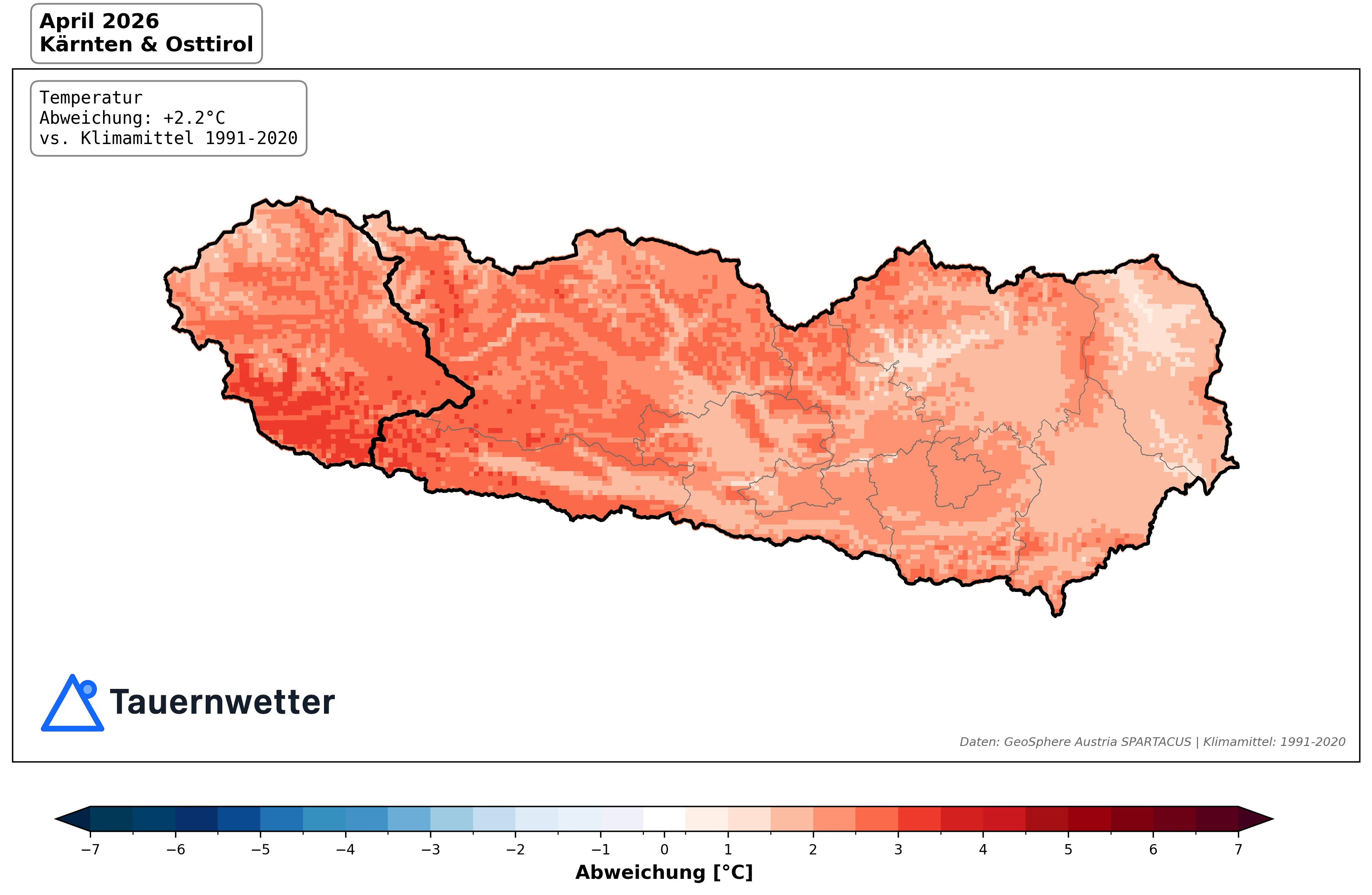 Temperaturabweichung im April 2026 in Kärnten und Osttirol mit plus 2,2 Grad