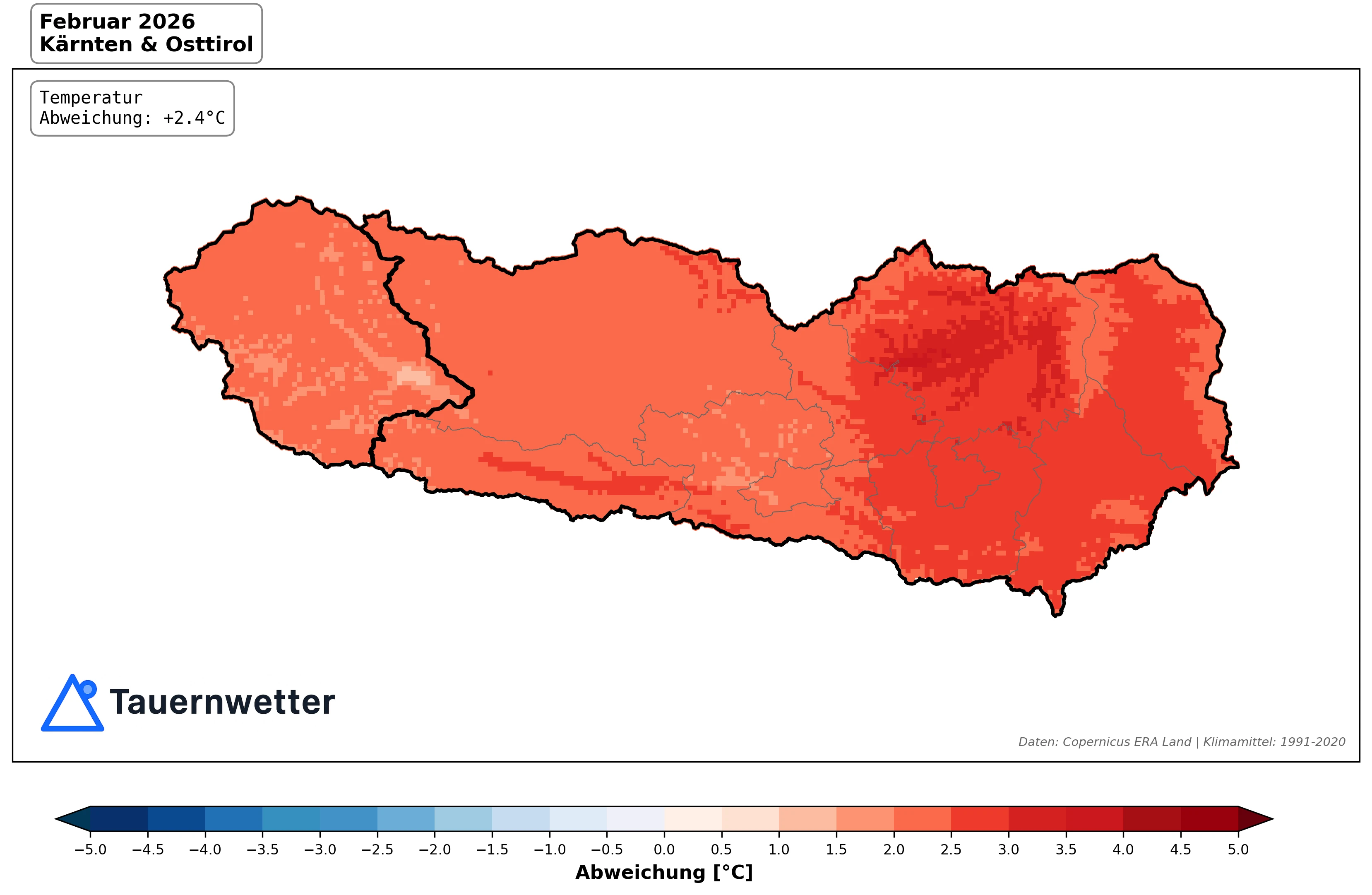 Temperaturabweichung Februar 2026 Kärnten und Osttirol – plus 2,4 Grad über dem Klimamittel