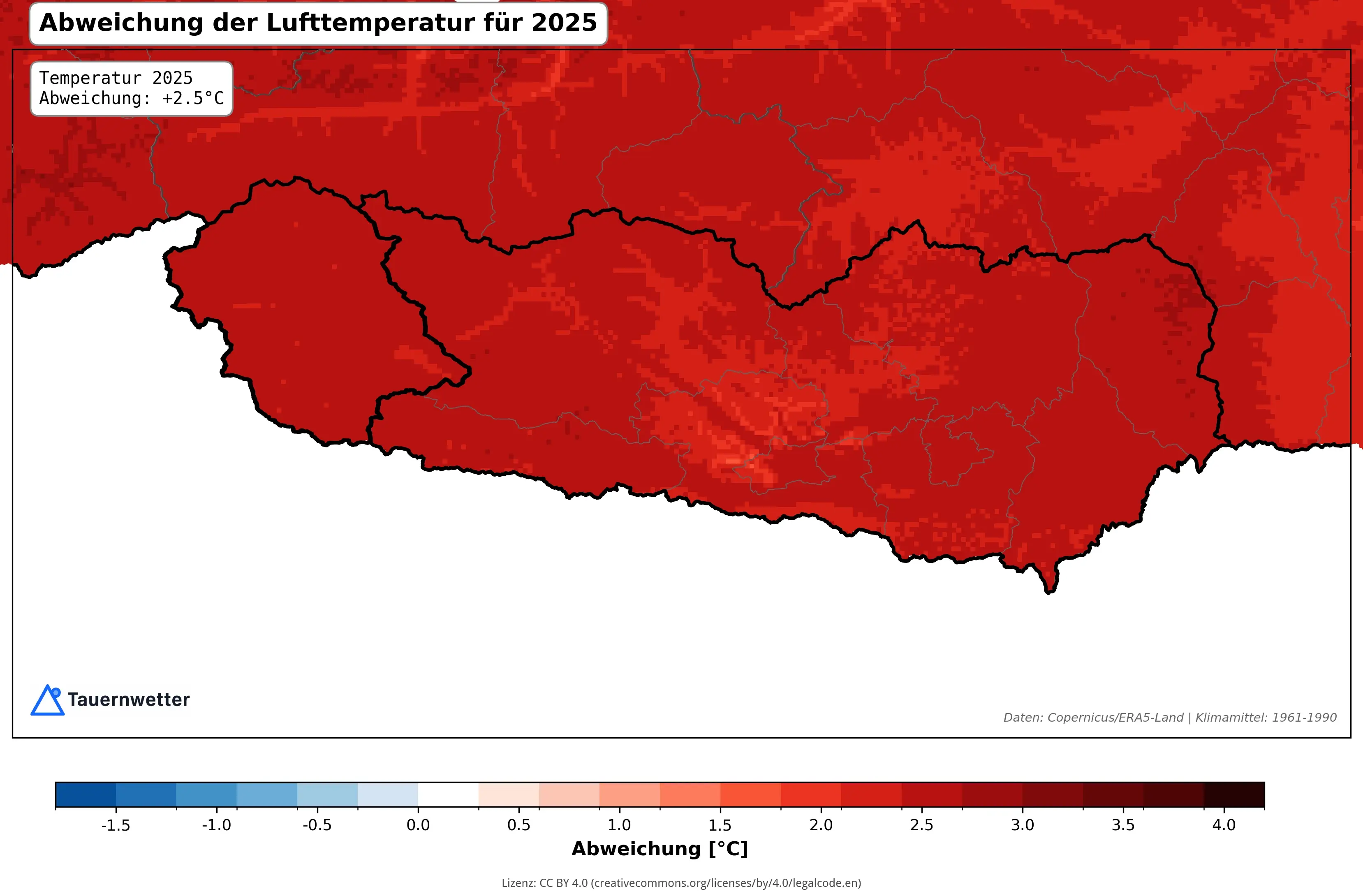 Temperaturabweichung Kärnten und Osttirol 2025 - Karte zeigt +2,5°C über dem Klimamittel