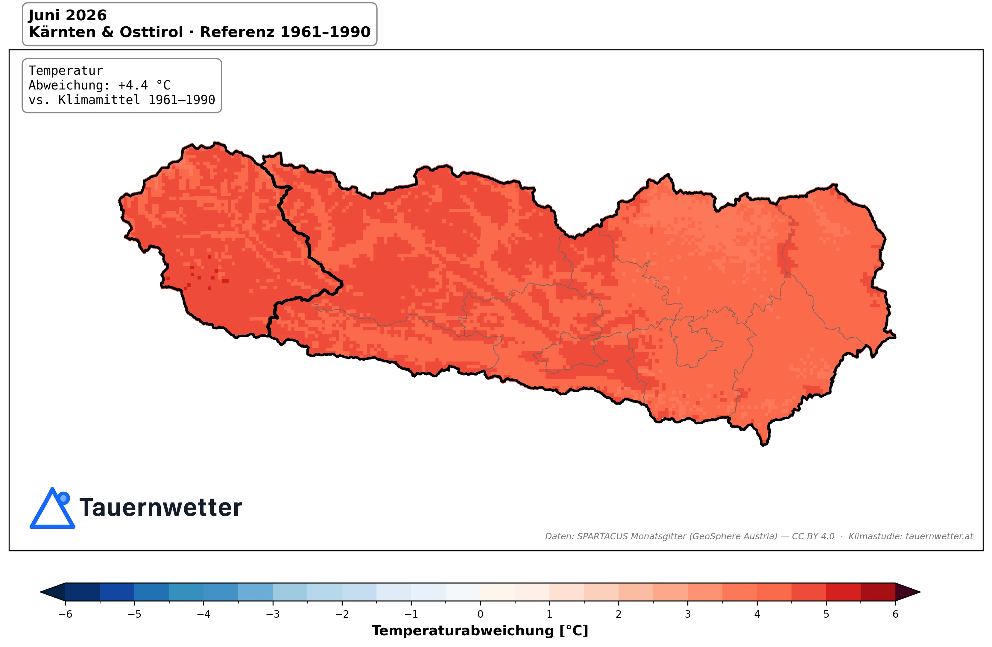 Karte der Temperaturabweichung im Juni 2026 in Kärnten und Osttirol gegenüber dem Klimamittel 1961 bis 1990 – flächendeckend rund 4 bis 5 Grad über dem Durchschnitt.