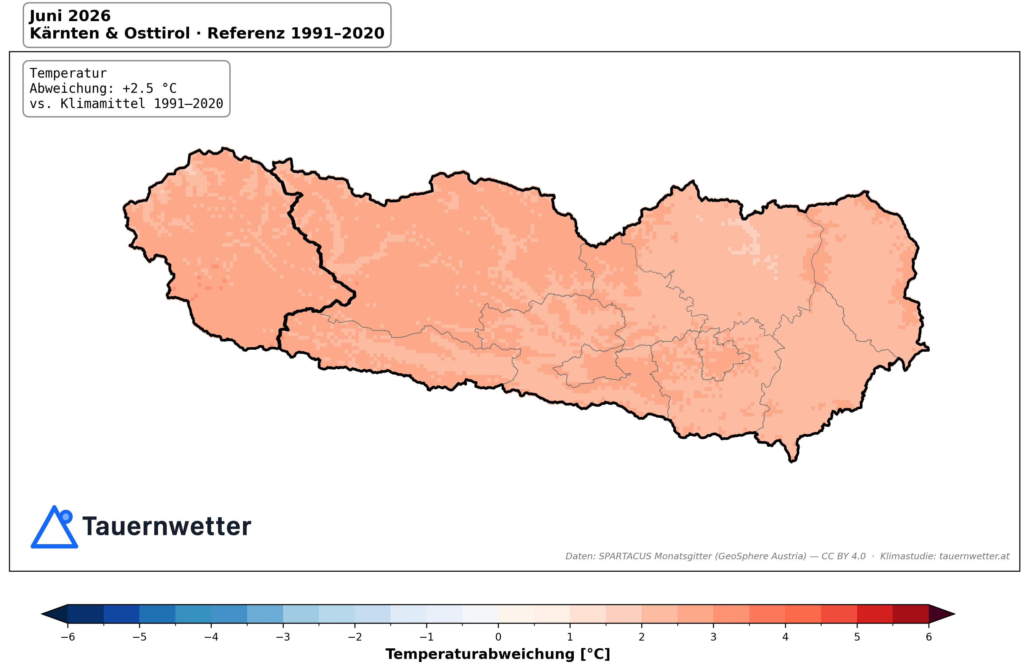 Karte der Temperaturabweichung im Juni 2026 in Kärnten und Osttirol gegenüber dem Klimamittel 1991 bis 2020 – flächendeckend rund 2 bis 3 Grad über dem Durchschnitt.