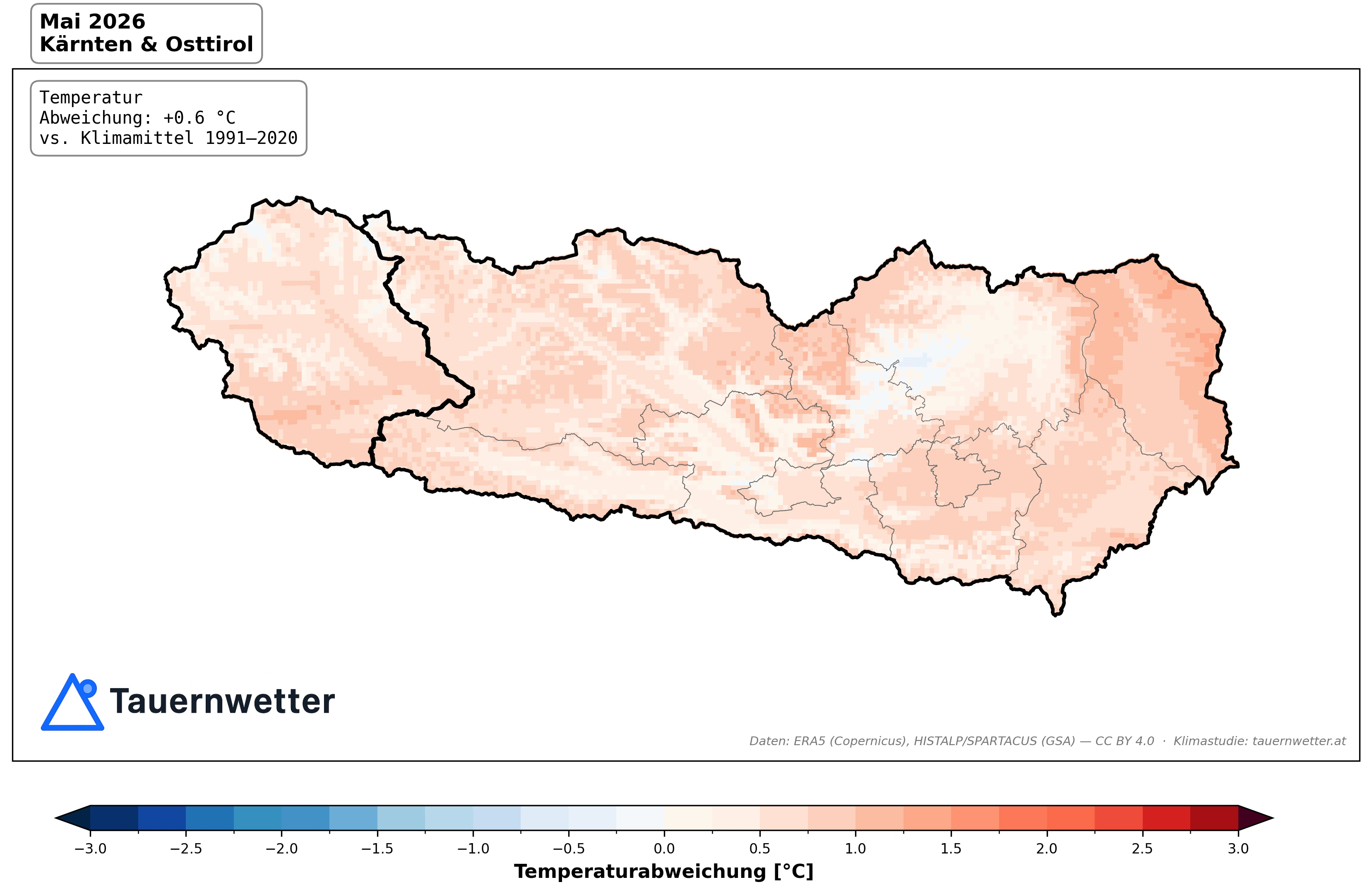 Karte der Temperaturabweichung im Mai 2026 in Kärnten und Osttirol – im Flächenmittel rund 0,6 Grad über dem Klimamittel 1991 bis 2020.