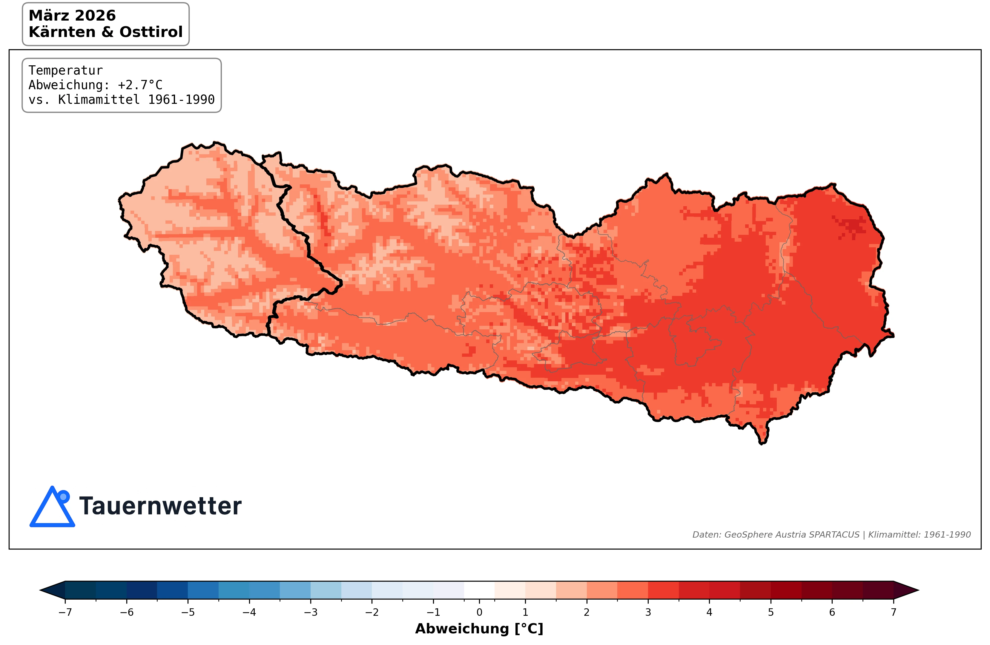 Temperaturabweichung März 2026 in Kärnten und Osttirol gegenüber dem Klimamittel 1961–1990. Daten: GeoSphere Austria SPARTACUS.