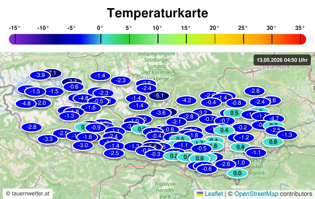 Temperaturkarte für Kärnten und Osttirol am 13. Mai 2026 um 04:50 Uhr