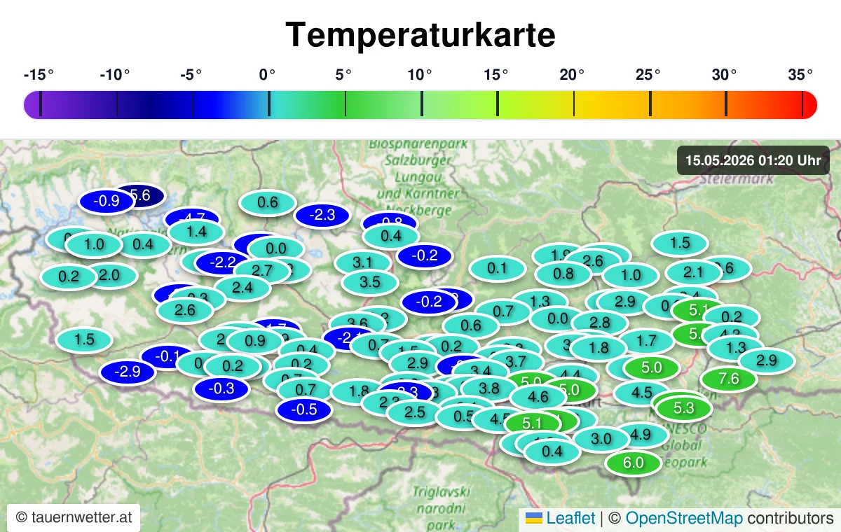 Temperaturkarte für Kärnten und Osttirol am 15. Mai 2026 um 01:02 Uhr