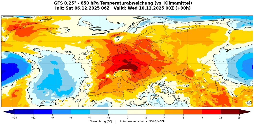 GFS-Prognose der 850 hPa Temperaturabweichung für Mittwoch, 10. Dezember 2025 - Außergewöhnlich milde Luftmassen