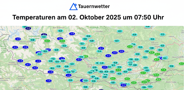 Temperaturen am 02. Oktober 2025 um 07:50 Uhr