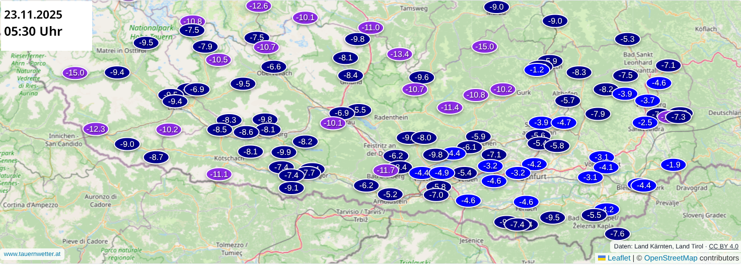 Temperaturkarte Kärnten und Osttirol am 23. November 2025 um 05:30 Uhr mit Tiefstwerten bis -15°C