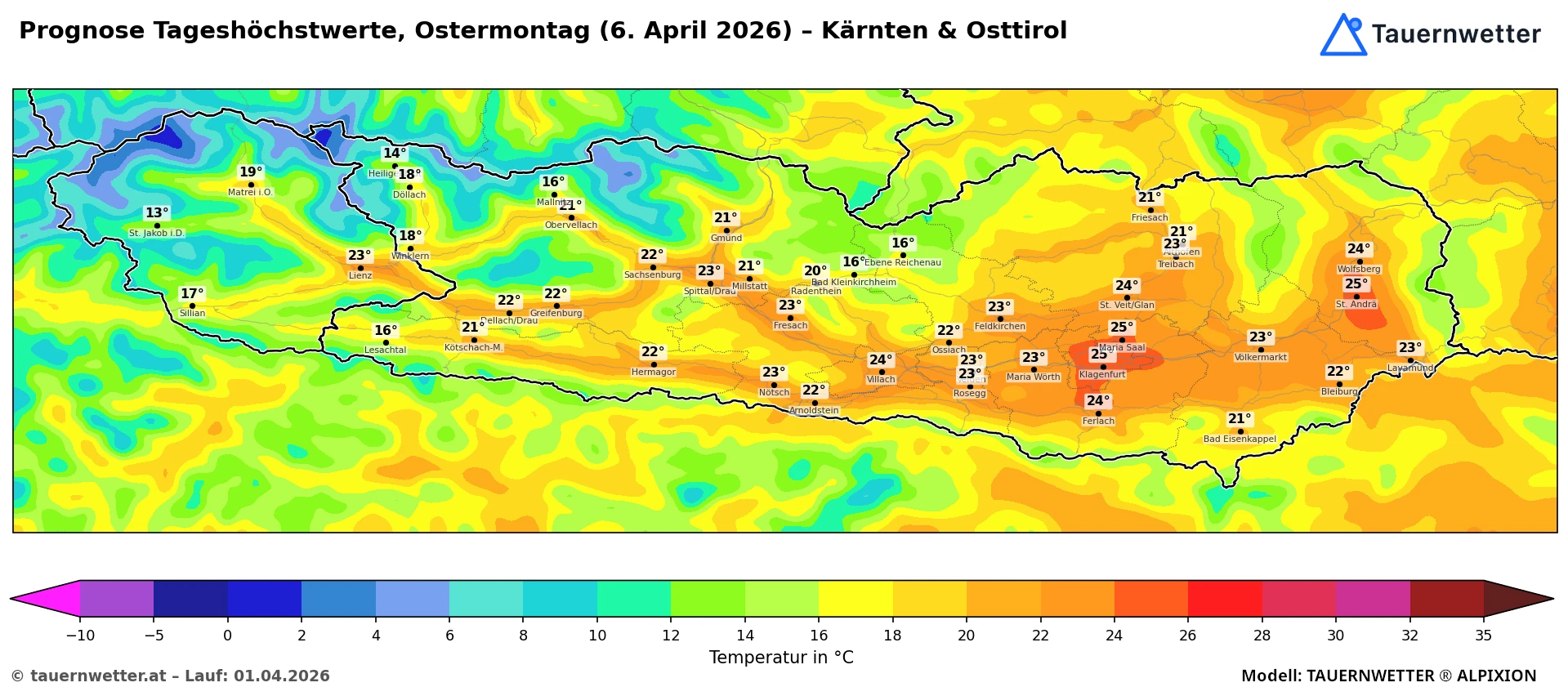 Temperaturprognose für den Ostermontag, 6. April 2026