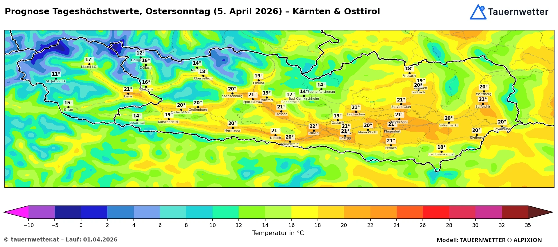 Temperaturprognose für den Ostersonntag, 5. April 2026