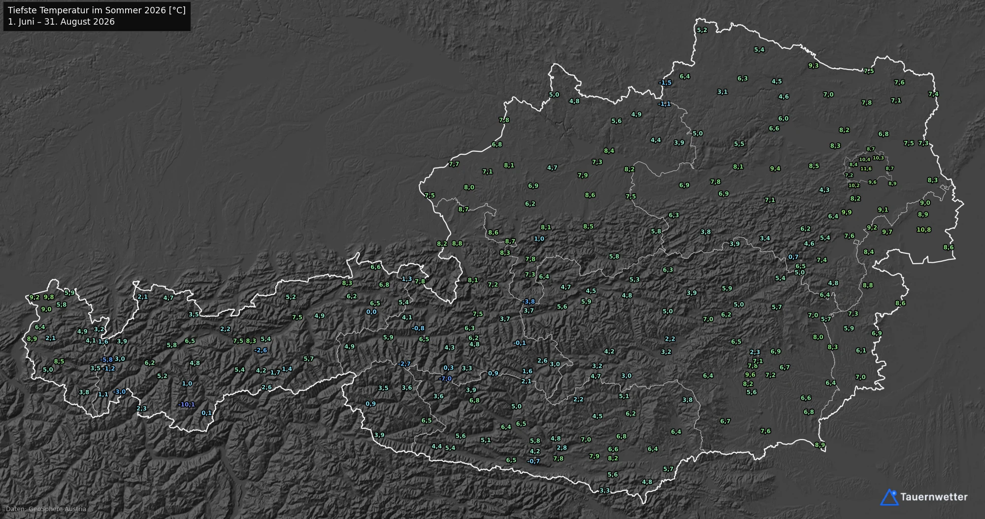 Karte Österreichs mit der tiefsten Temperatur des Sommers 2026 an allen Wetterstationen.