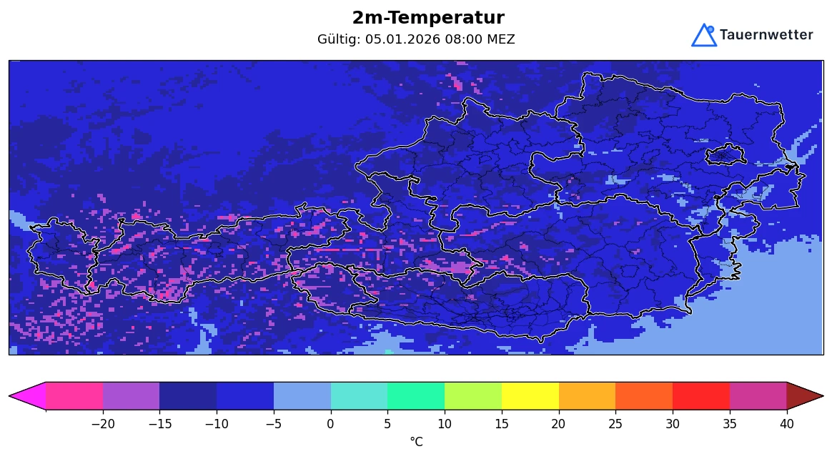 Temperaturprognose für die Nacht auf Montag 5. Jänner 2026 - bis minus 18 Grad