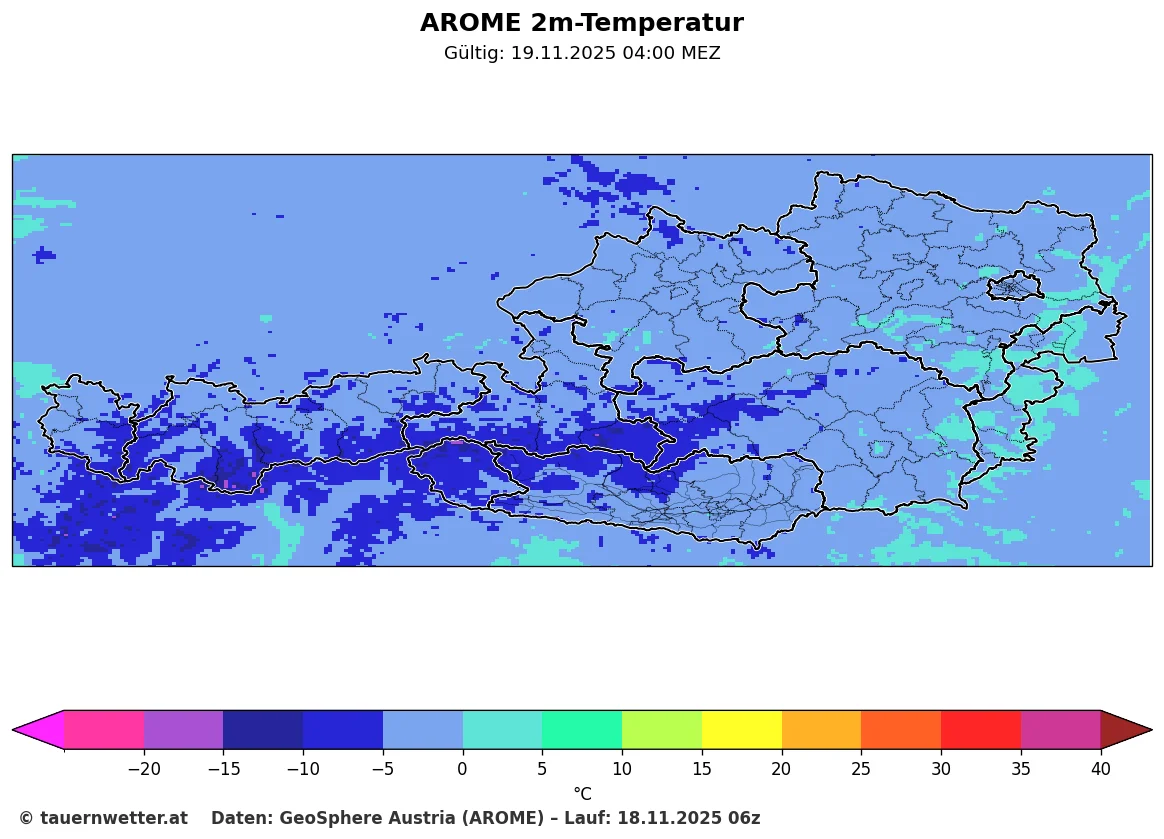 Tiefstwerte Mittwoch 19. November 2025 in der Früh - AROME Modellprognose