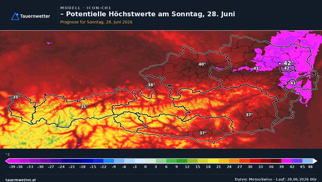 ICON-CH1-Karte (MeteoSwiss) der potenziellen Höchstwerte am Sonntag, 28. Juni, mit bis zu 42 Grad im östlichen Flachland