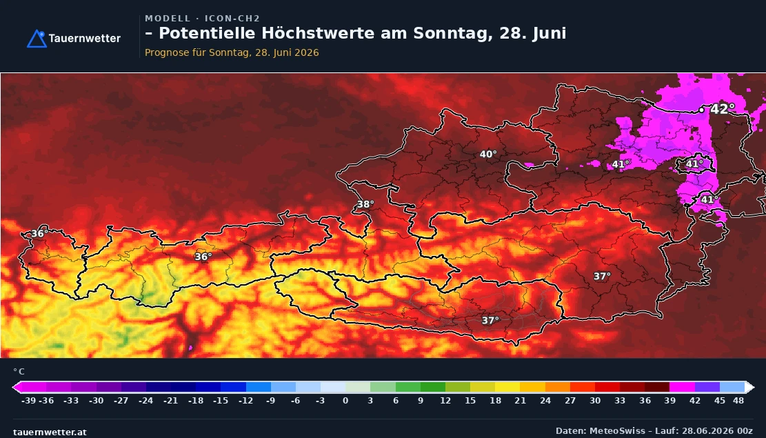 ICON-CH2-Karte (MeteoSwiss) der potenziellen Höchstwerte am Sonntag, 28. Juni, in ganz Österreich mit bis zu 42 Grad im Osten und bis 38 Grad in Unterkärnten