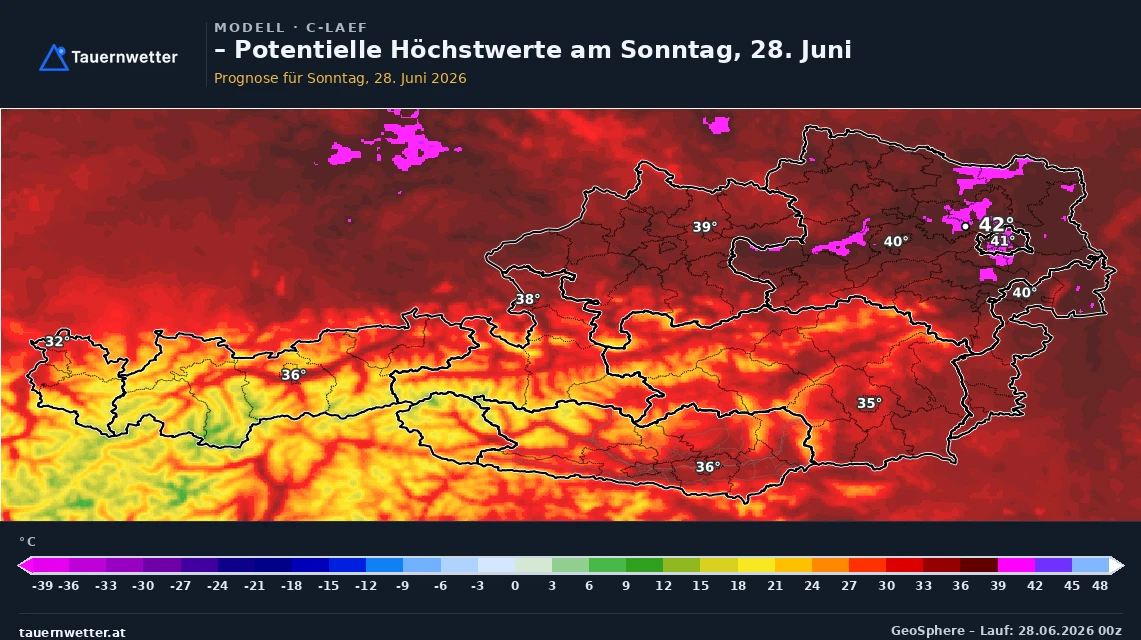 C-LAEF-Karte (GeoSphere Austria) der potenziellen Höchstwerte am Sonntag, 28. Juni, mit bis zu 42 Grad im Osten und 35 bis 38 Grad im Süden