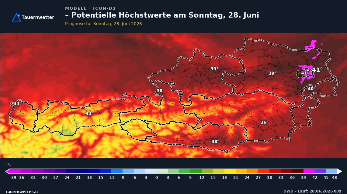 ICON-D2-Karte (DWD) der potenziellen Höchstwerte am Sonntag, 28. Juni, mit bis zu 41 Grad im Osten und bis 38 Grad in Unterkärnten