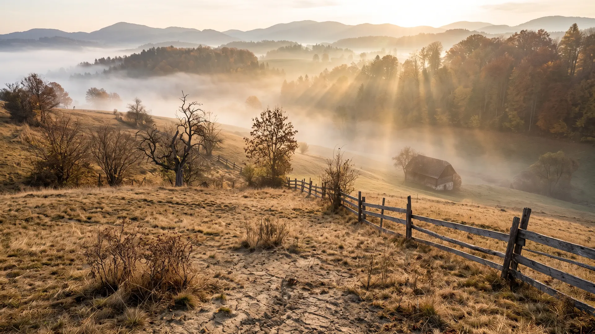 Herbstliche Hügellandschaft am Morgen: Im Vordergrund eine ausgetrocknete Wiese mit rissigem Boden und einem alten Holzzaun, dahinter Nebel im Tal, eine kleine Holzhütte und bunt gefärbte Bäume, durch die die Sonne scheint.