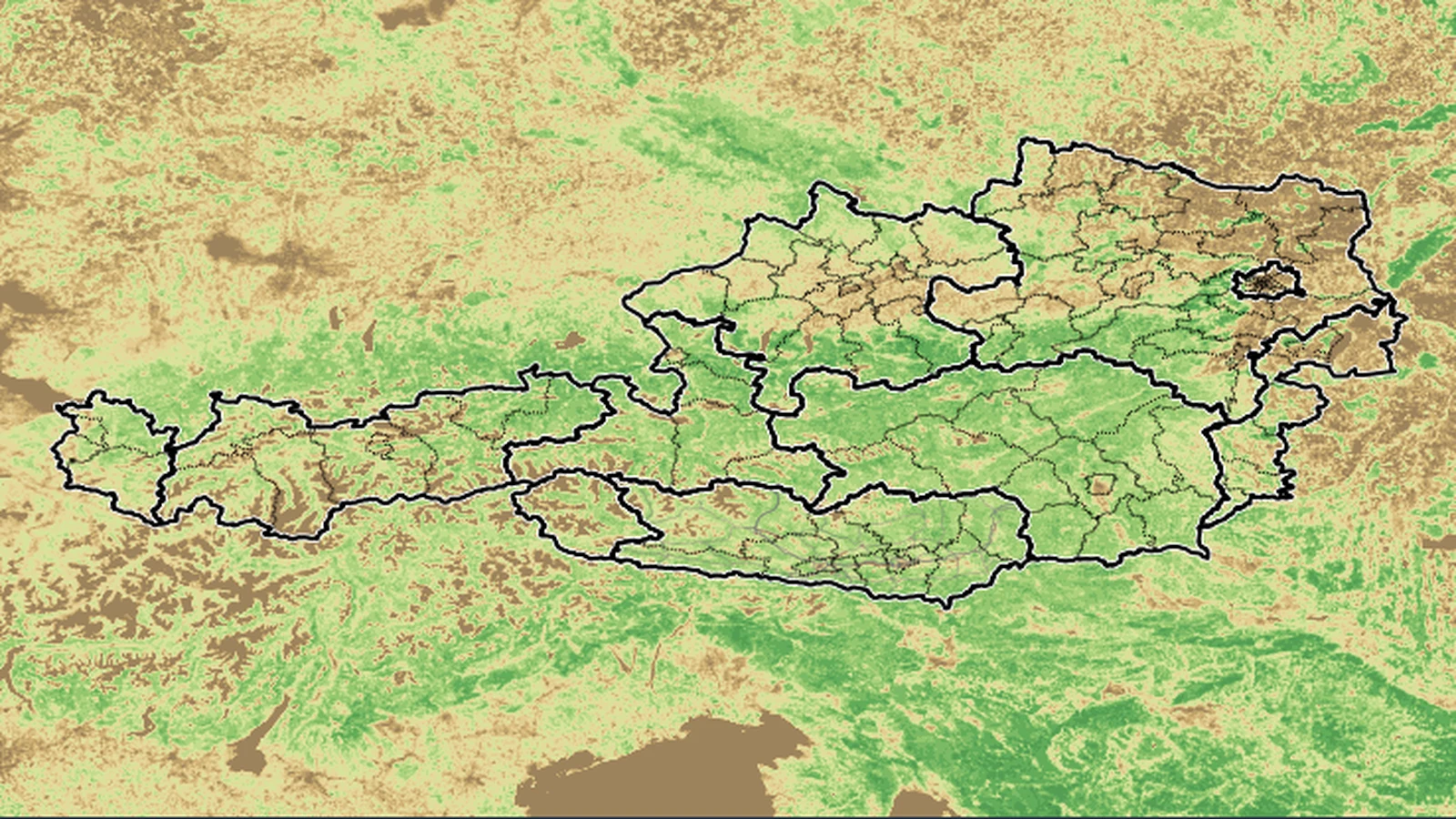 Vegetationsindex NDVI aus Sentinel-3 für Österreich am 9. August 2026: im Osten großflächig braune, vertrocknete Flächen.