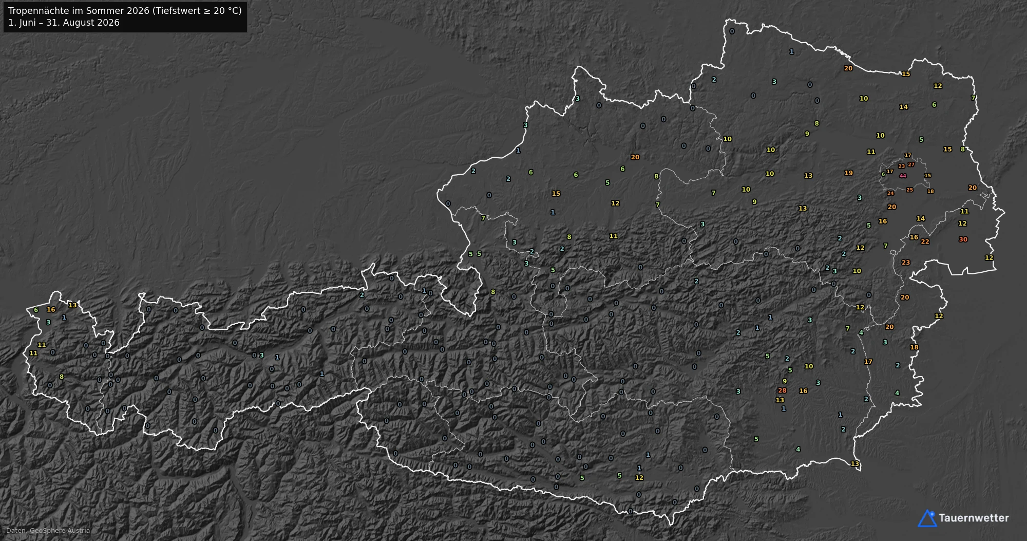 Karte Österreichs mit der Zahl der Tropennächte im Sommer 2026 an allen Wetterstationen.