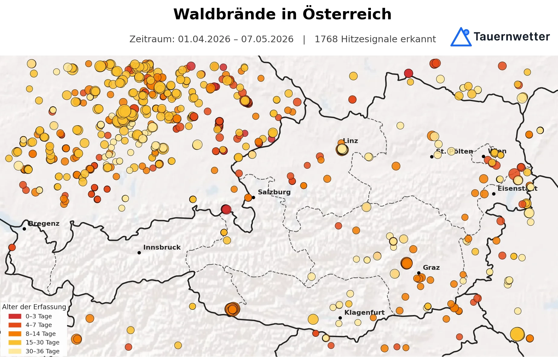 NASA FIRMS Karte mit Hitzesignalen der Satelliten VIIRS und MODIS für Österreich, Bayern und Nachbarländer vom 1. April bis 7. Mai 2026