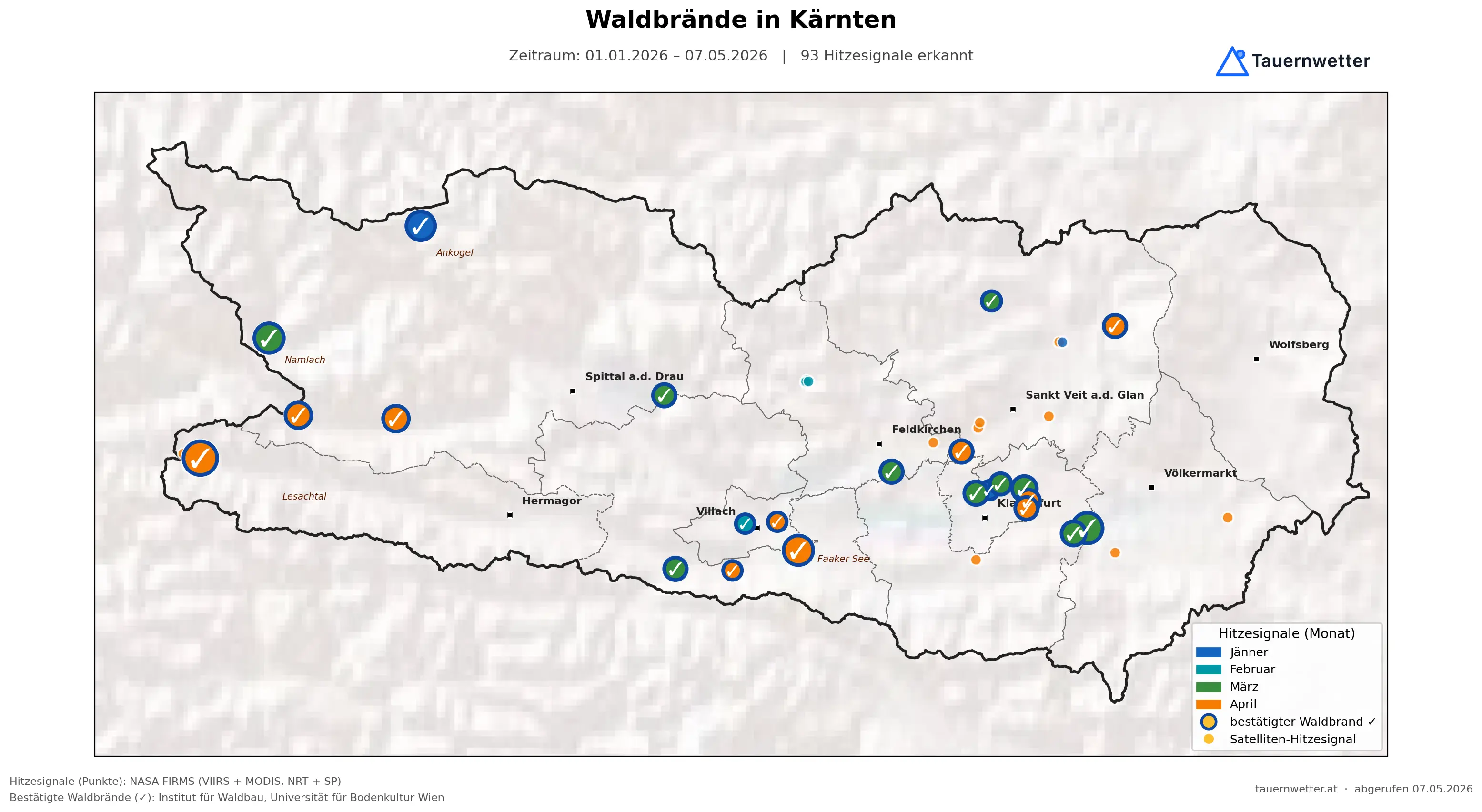 Karte der Waldbrände und Hitzesignale in Kärnten vom 1. Jänner bis 7. Mai 2026