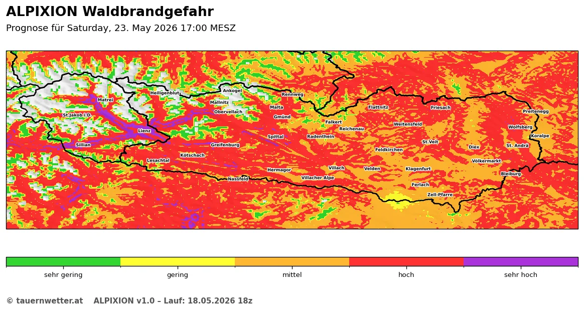 ALPIXION-Karte der Waldbrandgefahr in Kärnten und Osttirol am Pfingstwochenende, 23. bis 26. Mai 2026: im Westen Osttirols und im oberen Mölltal hohe Waldbrandgefahr.