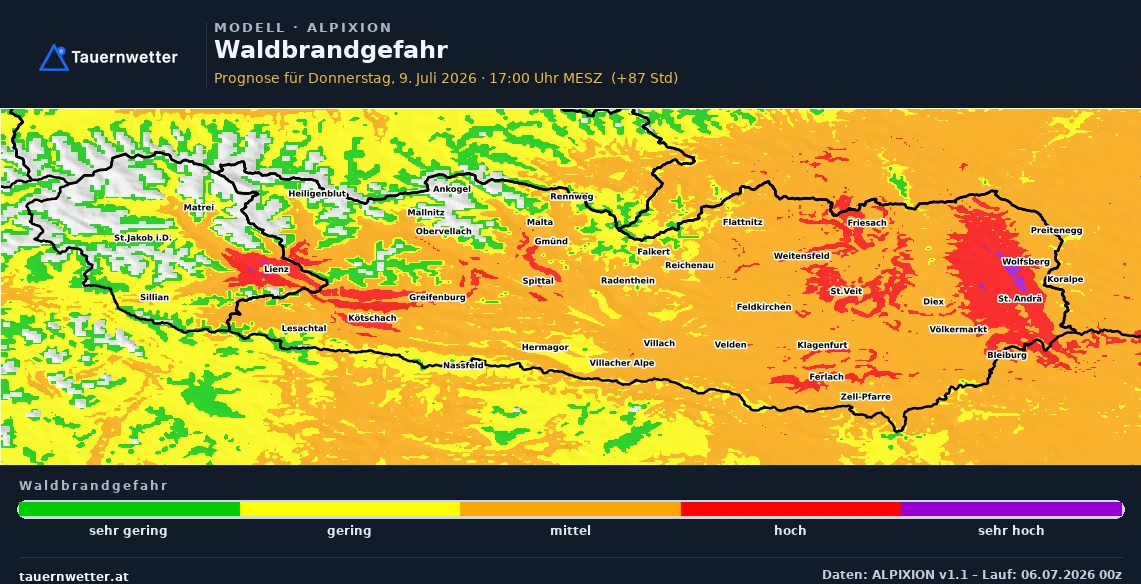 Karte der Waldbrandgefahr in Kärnten und Osttirol für den 9. Juli 2026 mit verbreitet mittlerer und im Lavanttal hoher bis sehr hoher Gefahr.