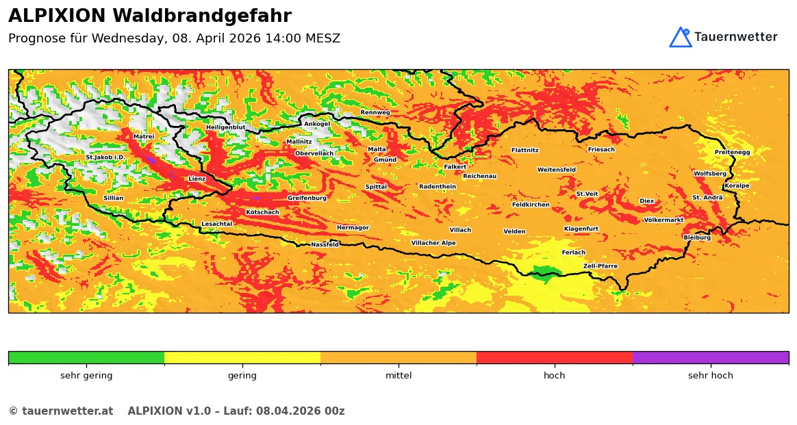 ALPIXION-Waldbrandgefahrenkarte für Mittwoch, 8. April 2026