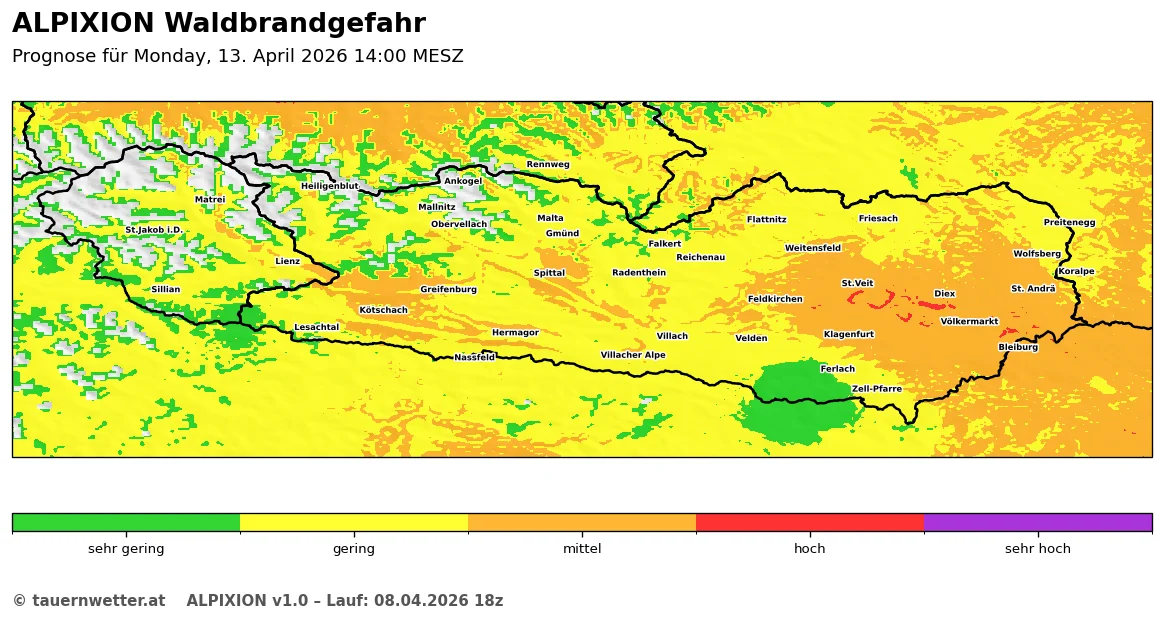 ALPIXION-Waldbrandgefahrenprognose für Montag, 13. April 2026