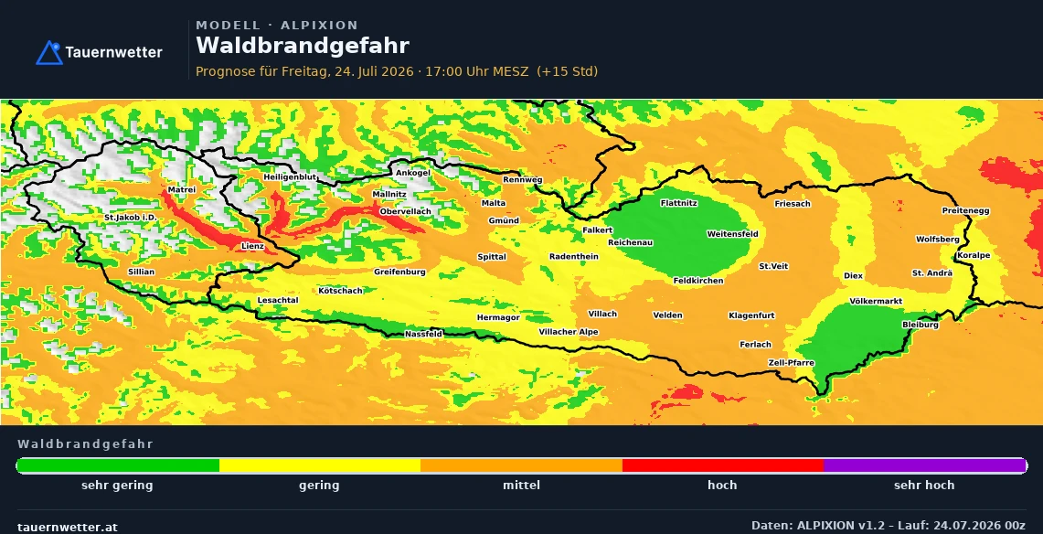 Karte der Waldbrandgefahr in Kärnten und Osttirol für Freitag, 24. Juli, mit hoher Gefahr in Osttirol und im Mölltal, großflächig mittlerer Gefahr.