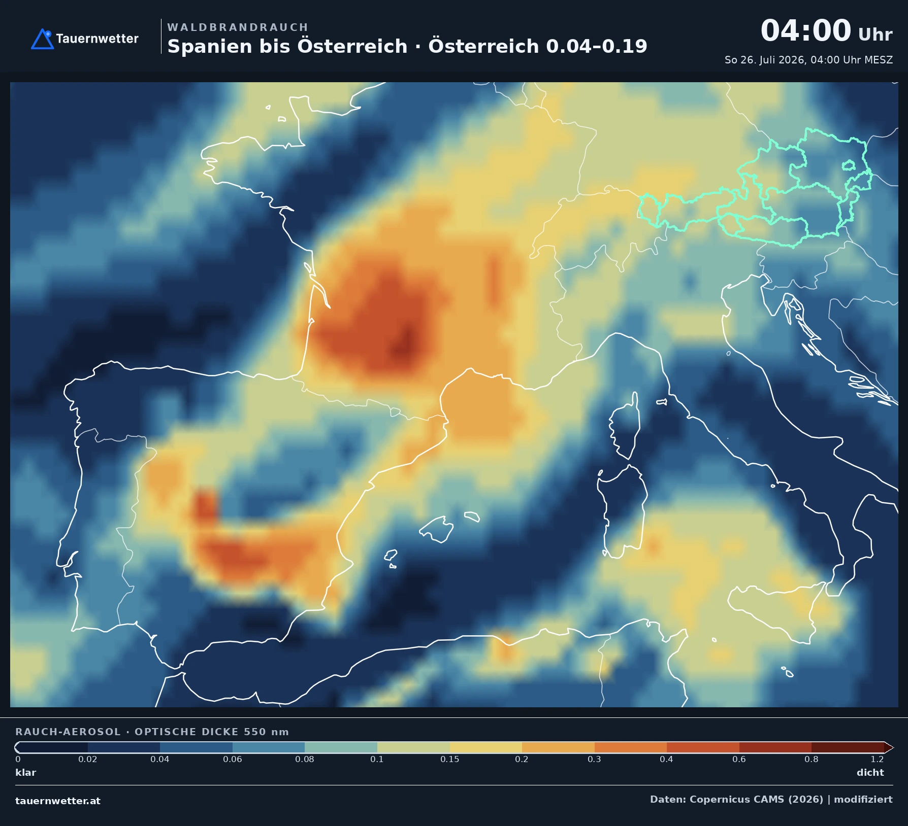 Karte vom 26. Juli 2026 um 4 Uhr mit dem Rauchband über Österreich.