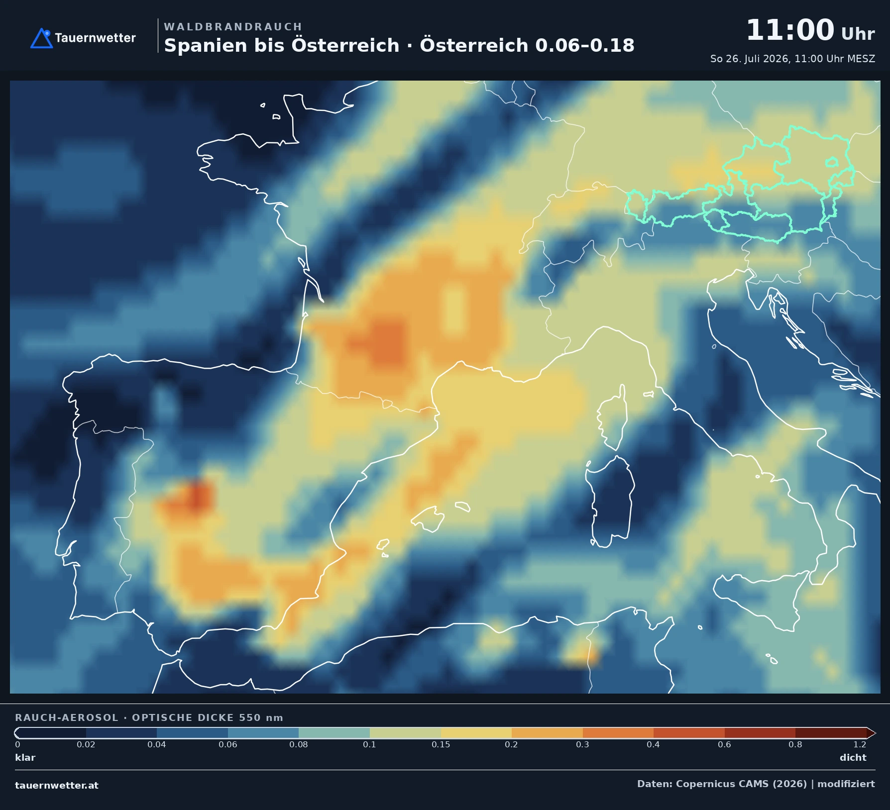 Karte des Waldbrandrauchs von Spanien über das Mittelmeer und Italien bis nach Österreich am 26. Juli 2026.