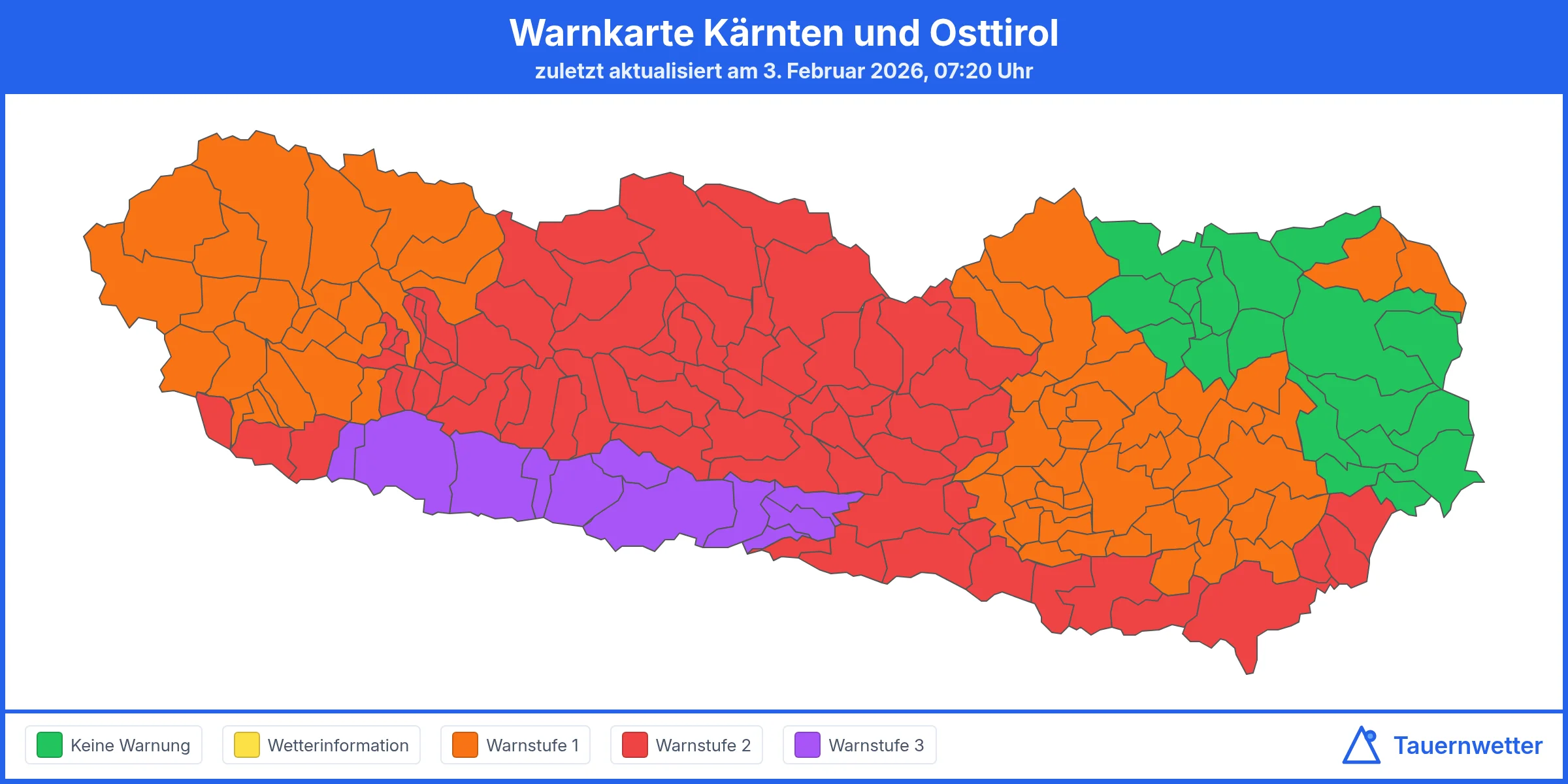 Wetterwarnkarte Kärnten und Osttirol für Mittwoch, 4. Februar 2026