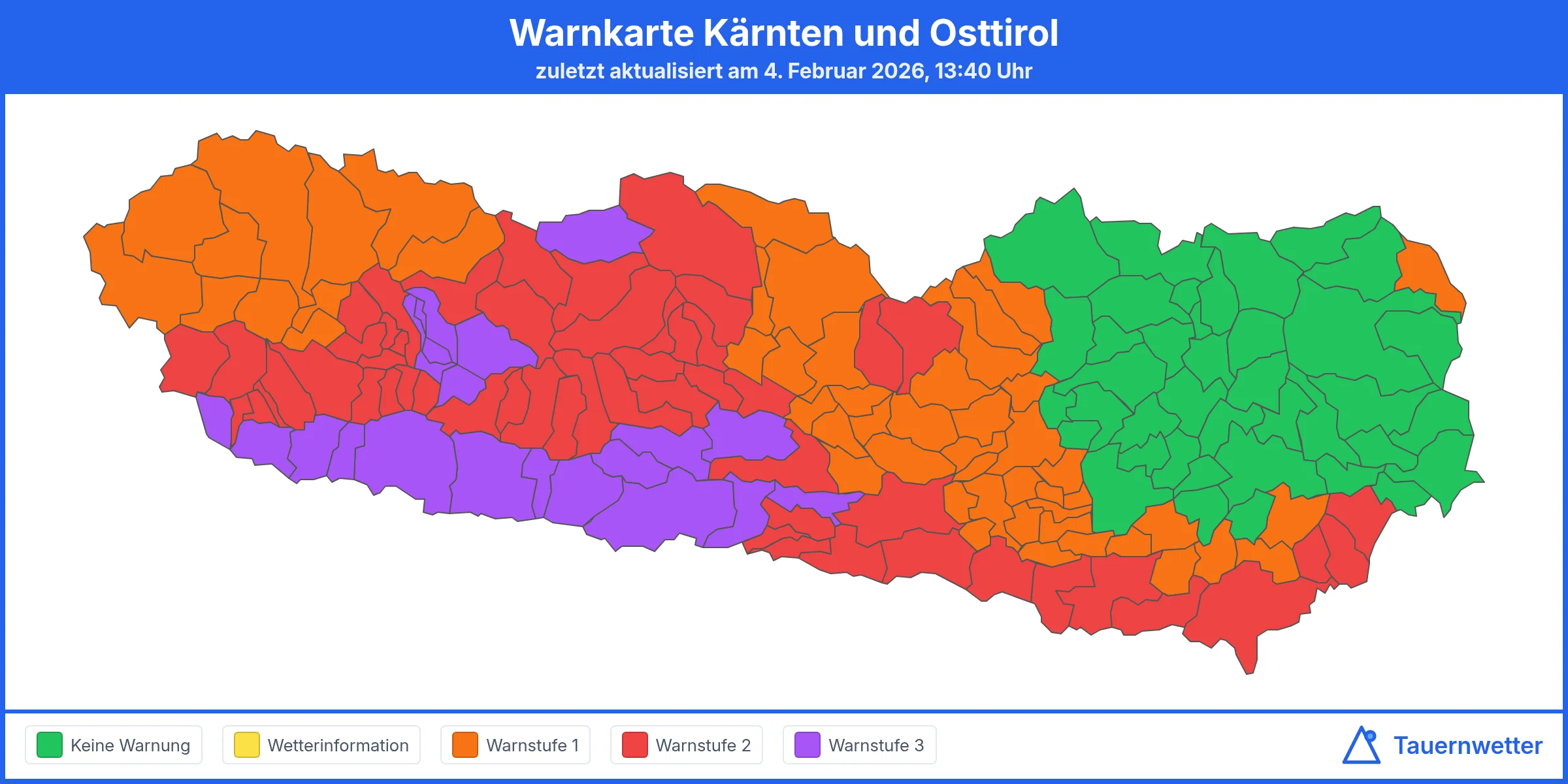 Wetterwarnkarte Kärnten und Osttirol für Mittwoch, 4. Februar 2026 mit Warnstufe Violett in Teilen Oberkärntens