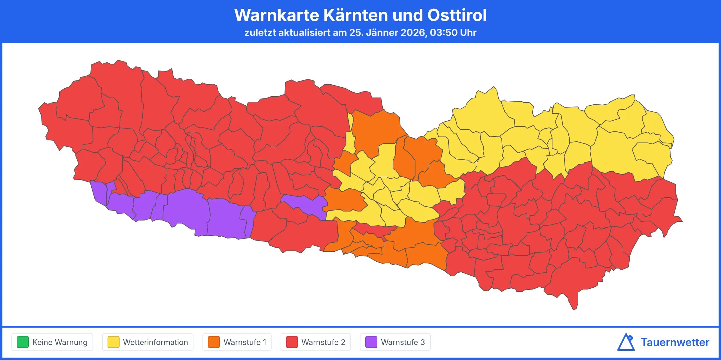 Warnkarte für Kärnten und Osttirol am 25. Jänner 2026.