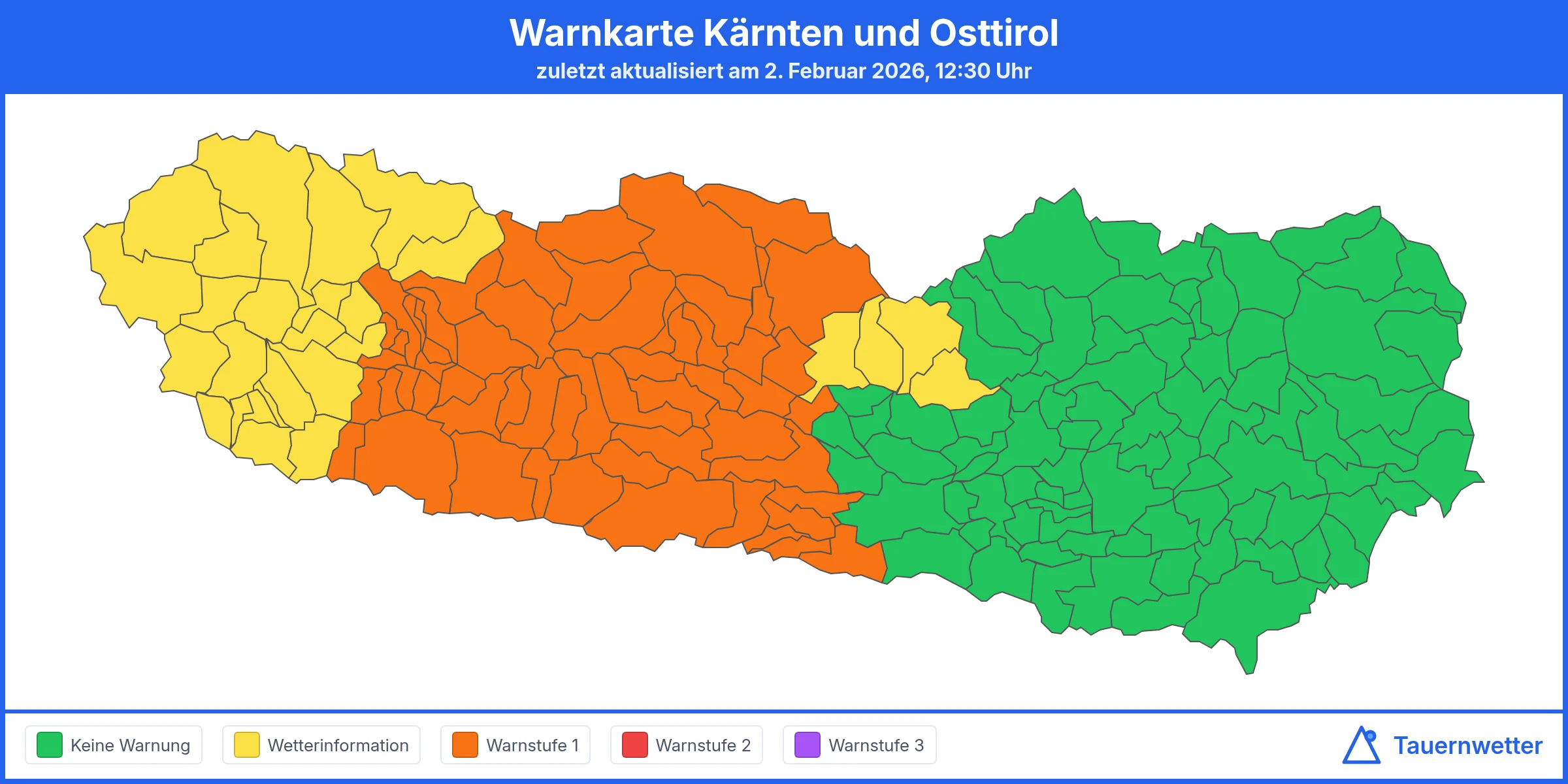 Wetterwarnkarte Kärnten und Osttirol für Dienstag, 3. Februar 2026