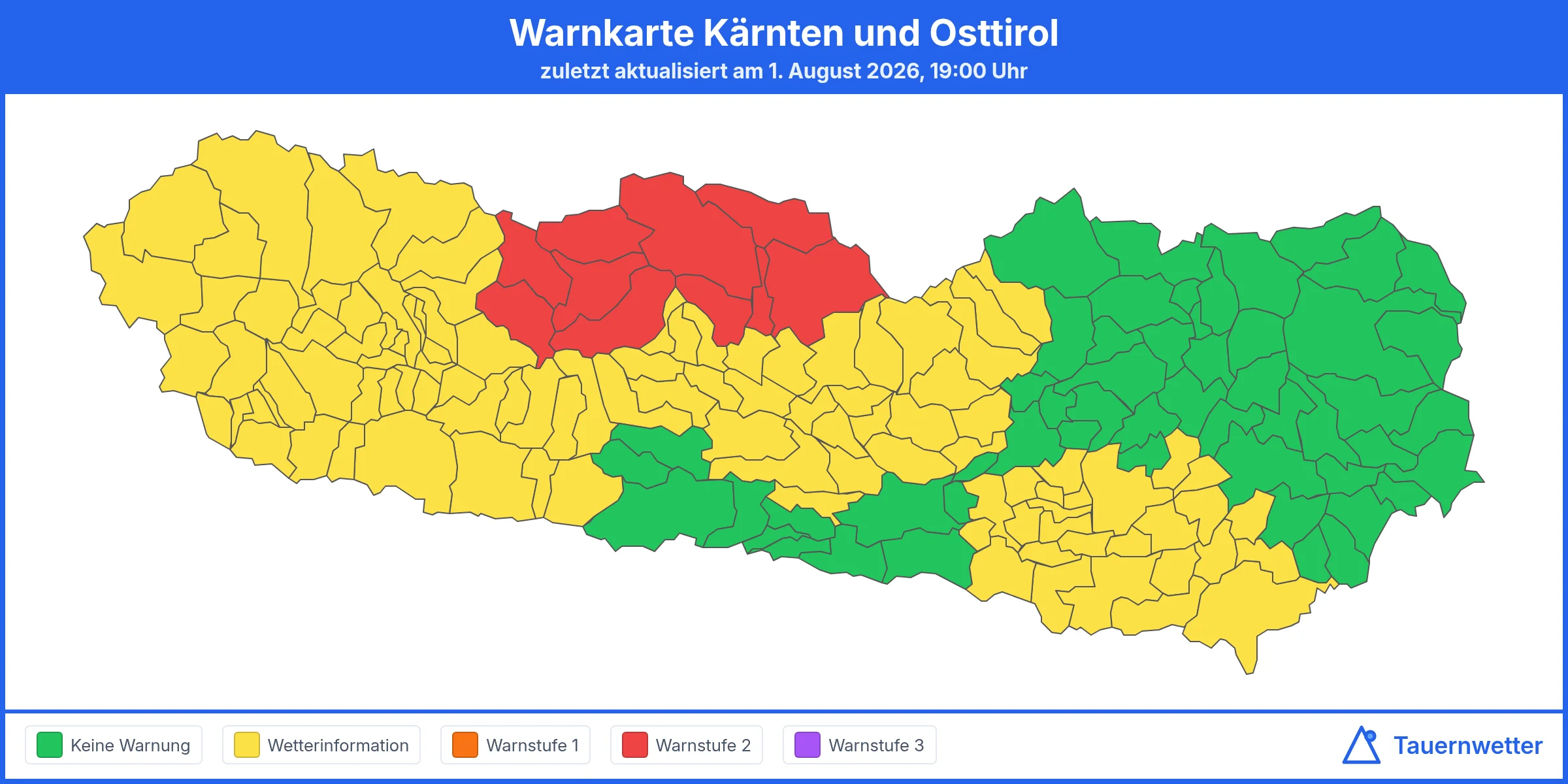Warnkarte für Kärnten und Osttirol vom 1. August 2026, 19 Uhr, mit Warnstufe 2 in Oberkärnten.