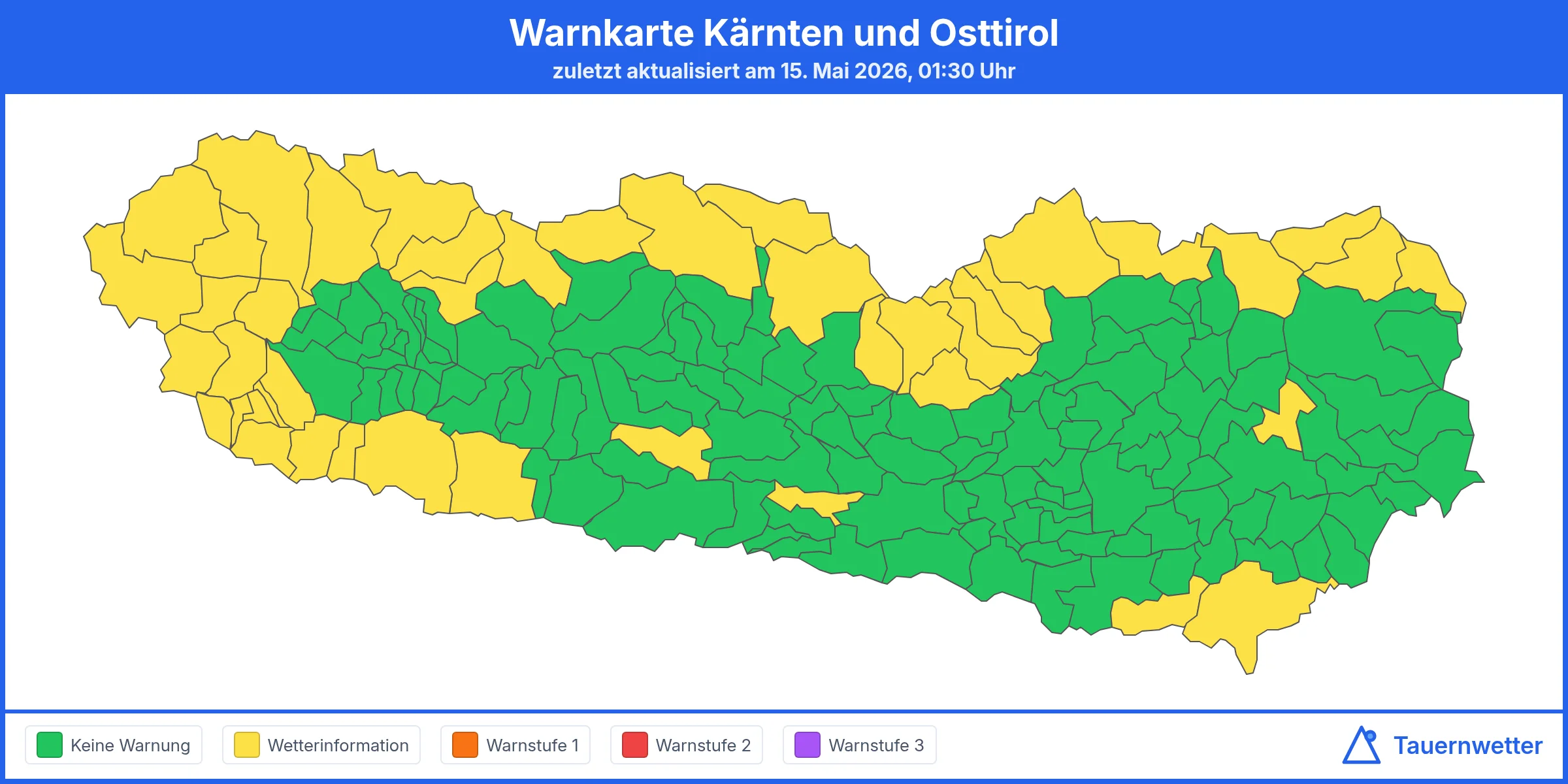 Warnkarte für Kärnten am 15. Mai 2026 mit Schneefall- und Schneekettenhinweisen
