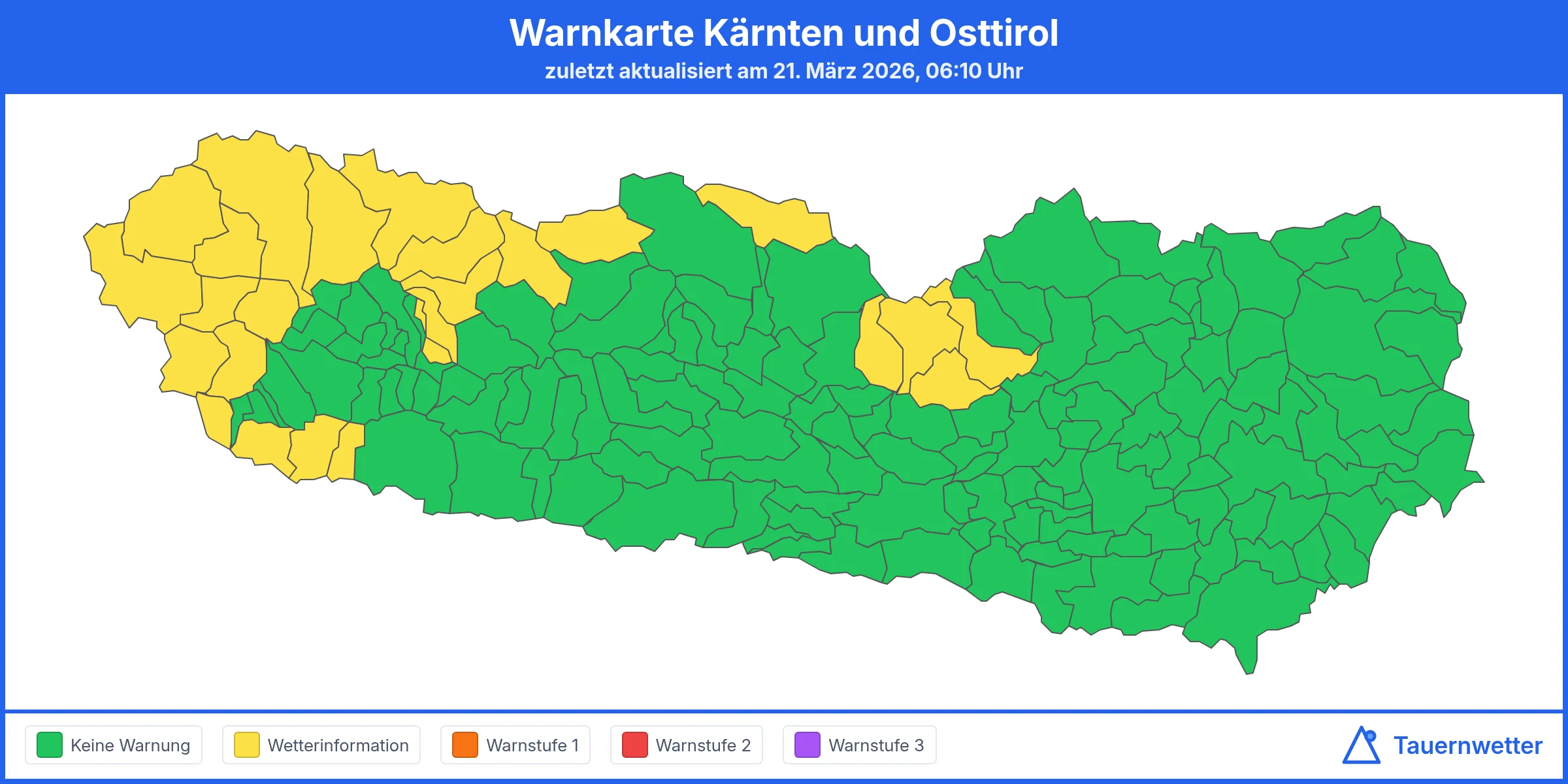 Aktuelle Warnkarte für Kärnten und Osttirol – 21. März 2026