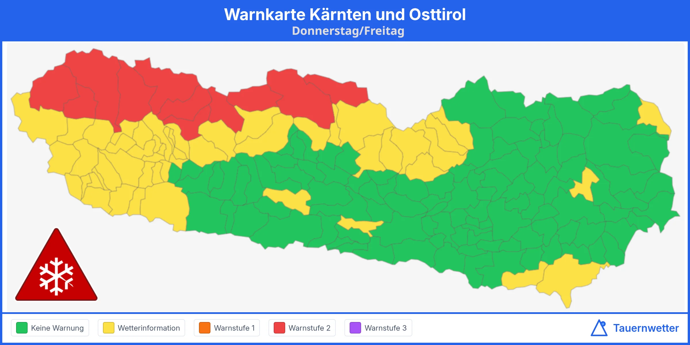 Schneewarnkarte für Kärnten und Osttirol für Donnerstag und Freitag: Warnstufe 2 (Rot) betrifft weite Teile der Hohen Tauern
