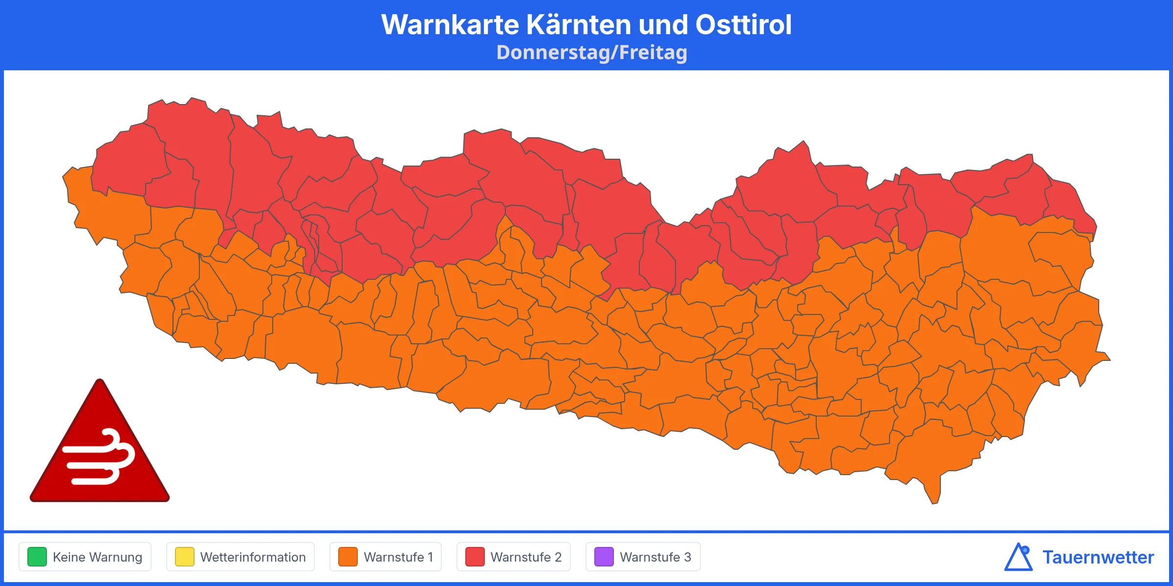 Windwarnkarte für Kärnten und Osttirol: Warnstufe 2 (Rot) gilt im Norden, Warnstufe 1 (Orange) in den südlicheren Landesteilen