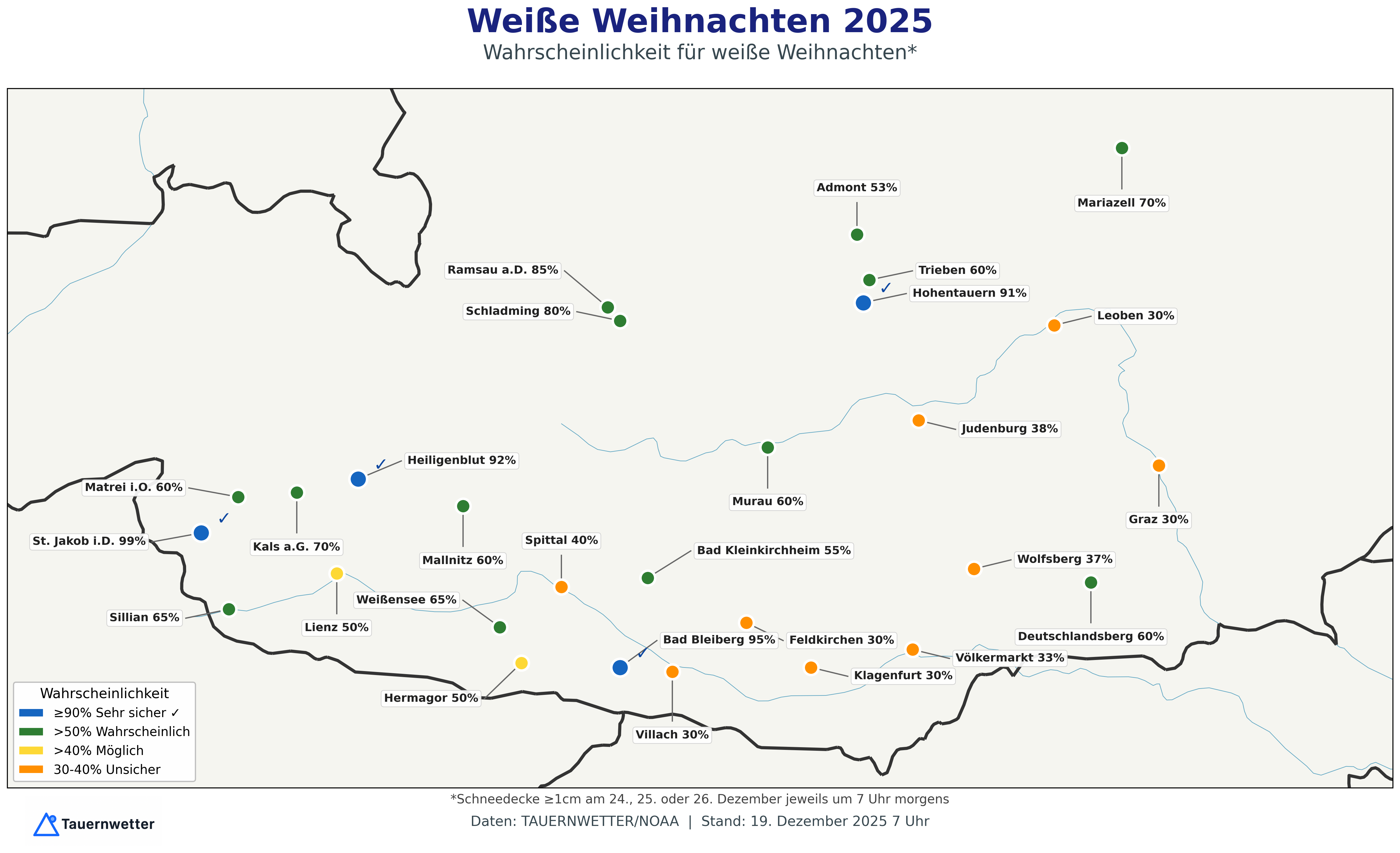 Wahrscheinlichkeit für weiße Weihnachten in Kärnten und Osttirol
