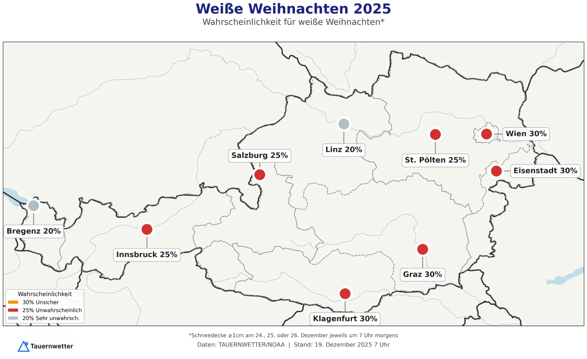 Wahrscheinlichkeit für weiße Weihnachten in Österreichs Landeshauptstädten