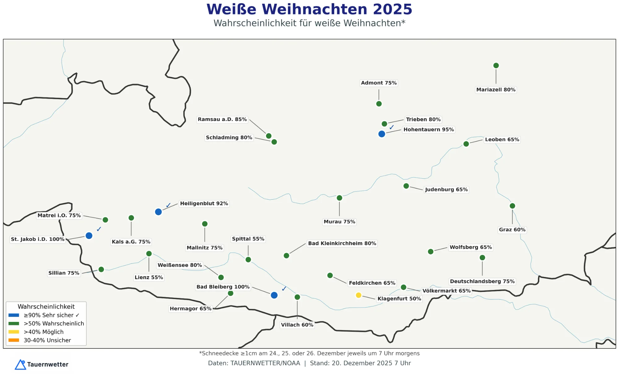 Wahrscheinlichkeit für weiße Weihnachten in Kärnten und Osttirol (Update 20.12.)
